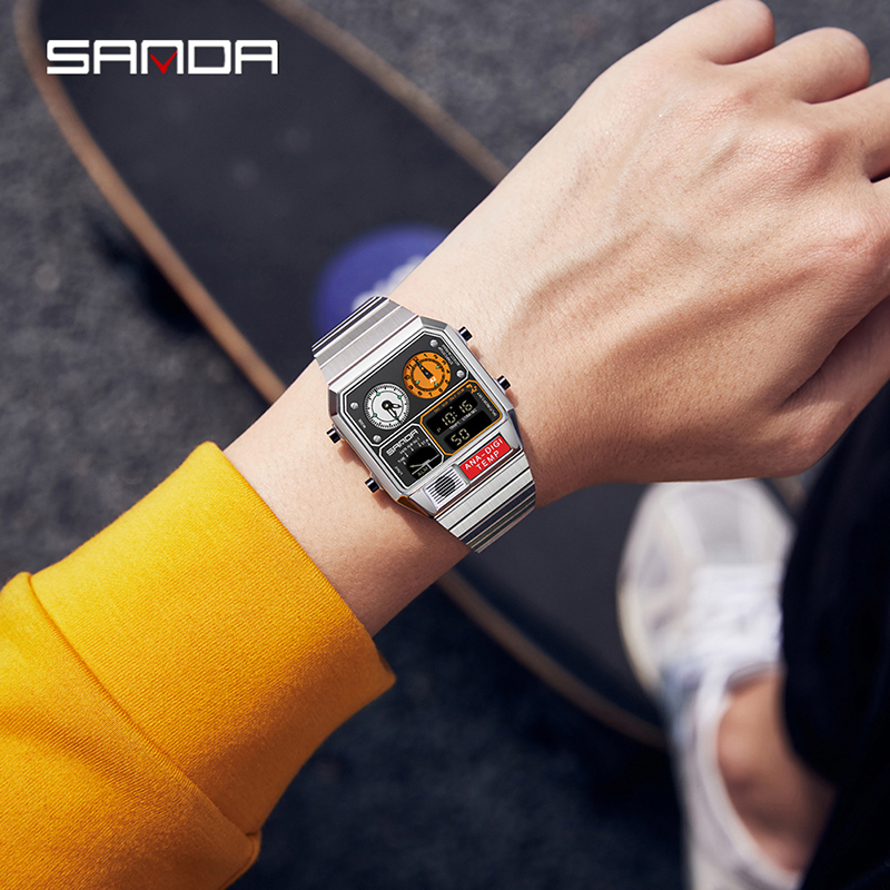 Sanda Retro Trendy Punk Dual Display Luminous Waterproof Electronic Quartz Men's Watch SD3192-1.