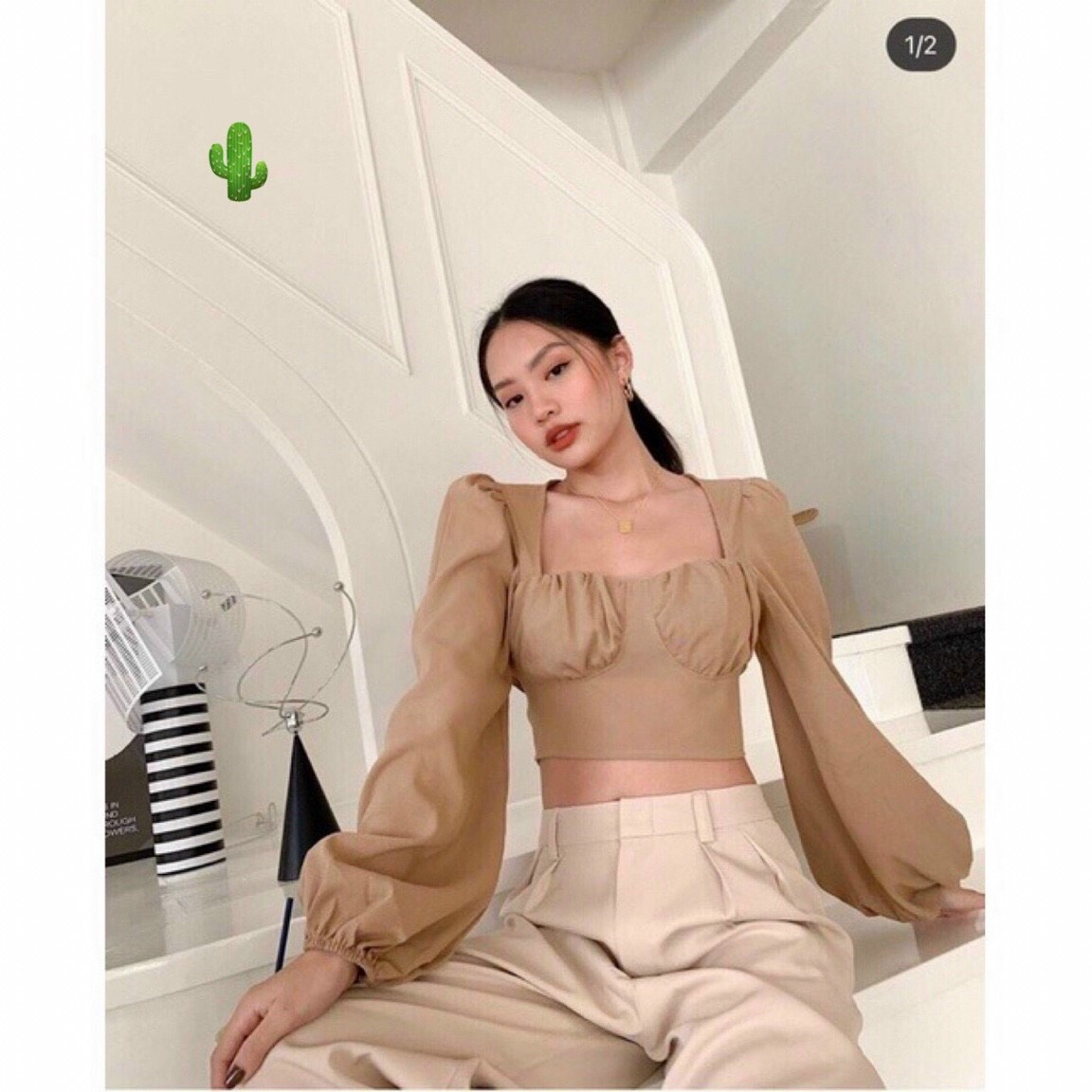 Áo kiểu nữ cổ vuông có mút ngực tay phồng dài cột nơ hở lưng gợi cảm màu nâu tây thời trang vintage thời thượng PC