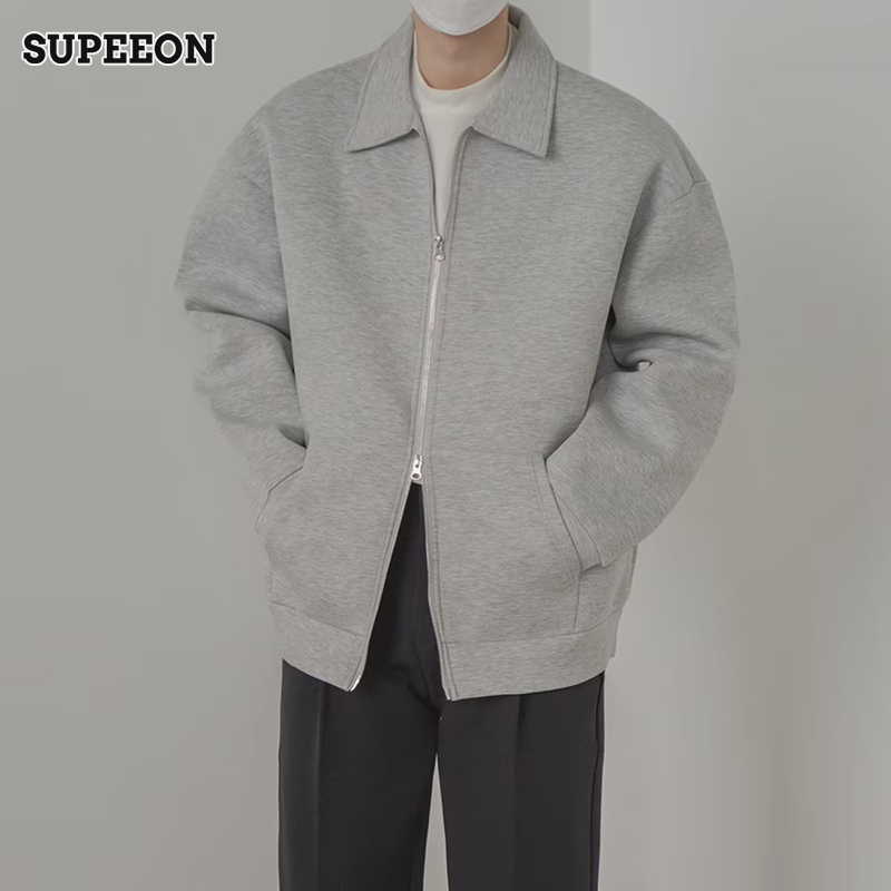 SUPEEON丨  Người đàn ông của áo khoác đơn giản và đa năng rộng màu trơn giản dị Hàn Quốc ve áo áo khoác có khóa kéo