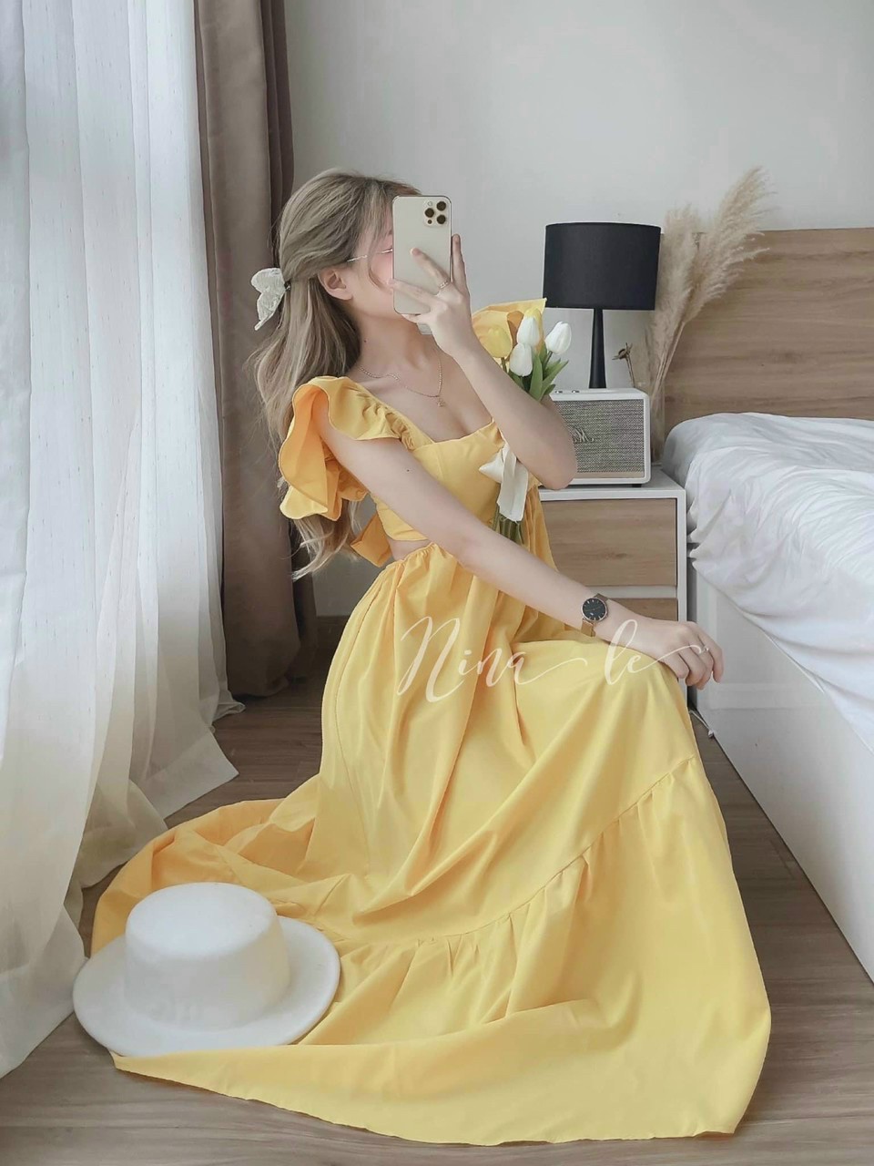 Đầm maxi hở lưng - chất liệu lụa có mút - thiết kế cột nơ sau lưng cực xinh
