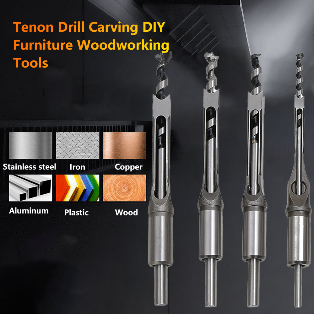pcbfun Square Hole Mortise Chisel Drill Bit Tools Woodworking Hole Saw Drill Bit Set Twist Drill Different Sizes 1/4 5/16 1/2 3/8 Inch