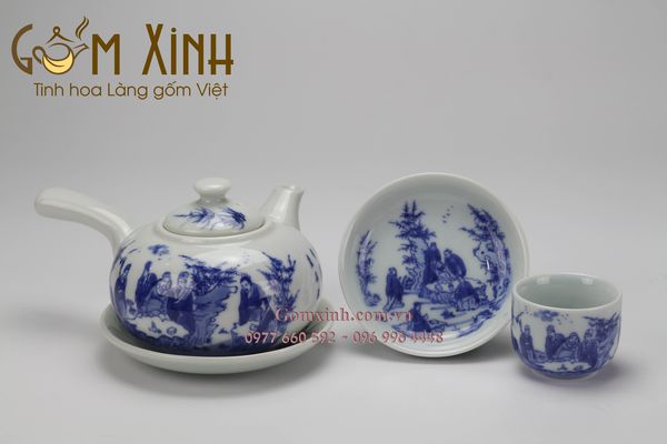 Bộ ấm chén Bát Tràng quai ngang men lam cổ