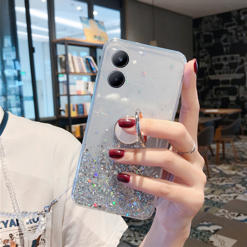 Phone case vivo Y03 Y03T Y18 Y28S Shiny Ring Glitter Soft Transparent Holder Stand with Ring Stars Moon Girls Back cover vivo Y03 Y03T Y18 Y28S case. 