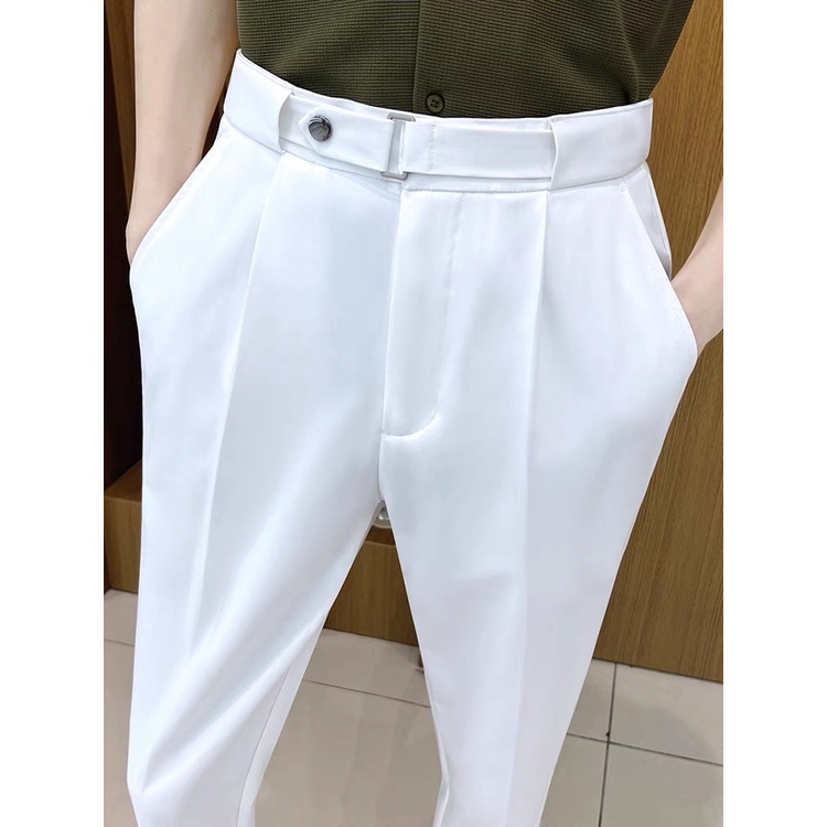 TEEAAET Quần âu nam đai chéo thay thế thắt lưng , quần tây nam công sở chỉnh dáng ống côn đẹp , màu trắng đen kem TAEAET