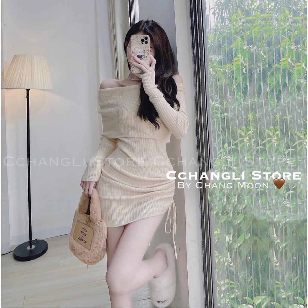 Váy len ôm body trễ vai rút hông
