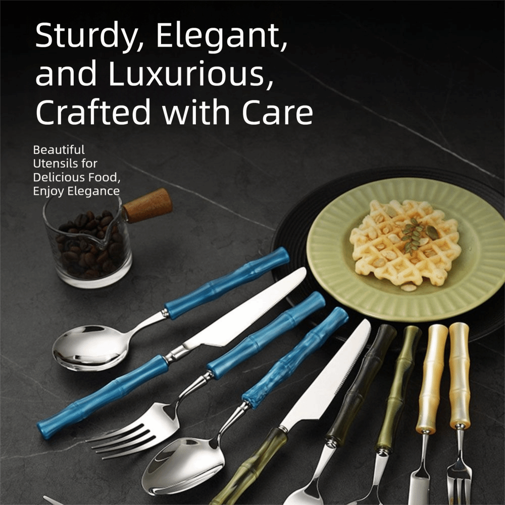 Creative Bamboo Shape Handle Fork and Spoon 304 Stainless Steel Light Design Bamboo Handle Cutlery Elegance Classical Western Dinnerware Flatware Household Goods.