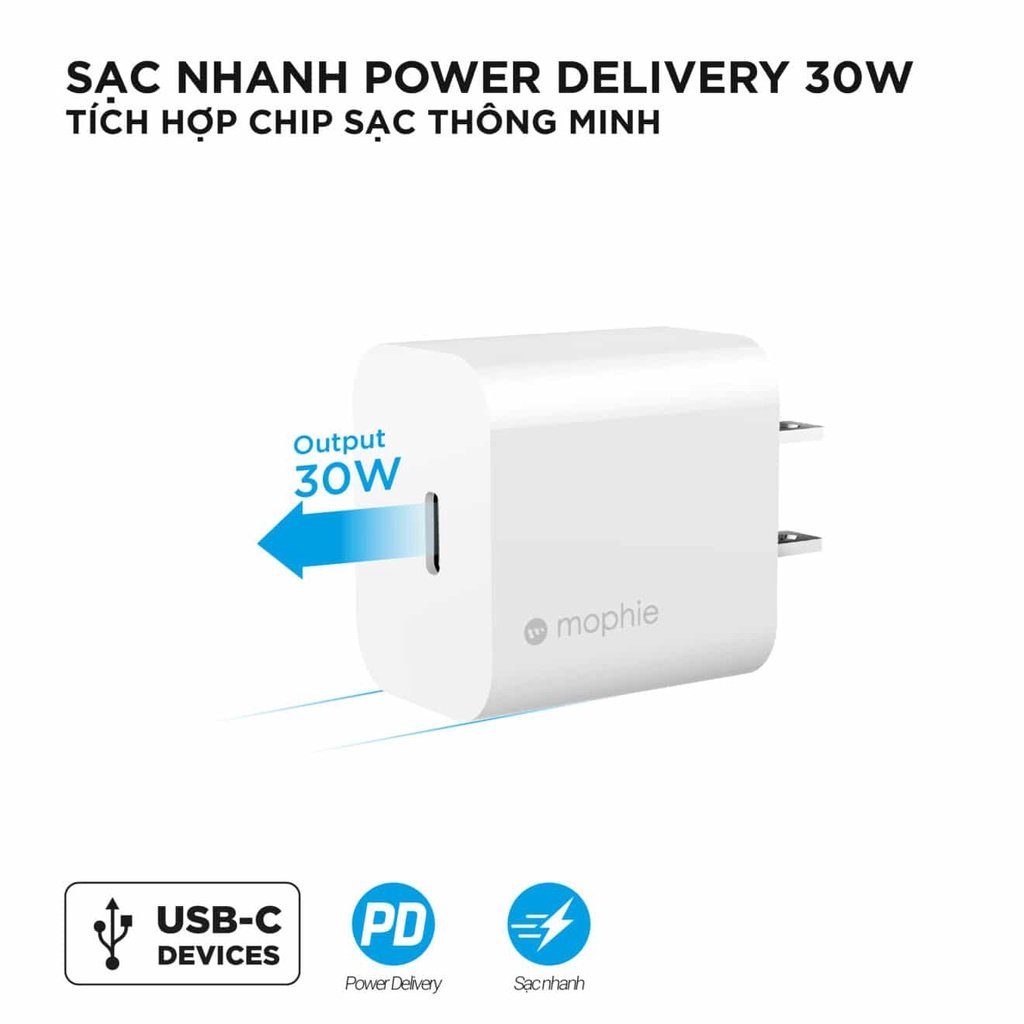 Củ sạc nhanh Mophie Wall Adapter-USB C + PD 25W và 30W