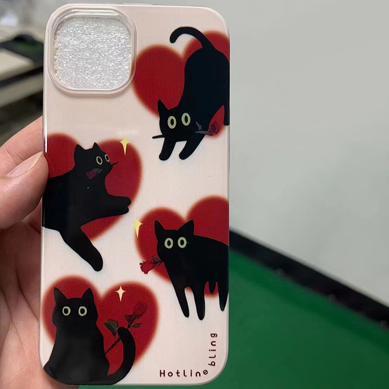 Korea%20Cute%20Cartoon%20Black%20Cat%20Wheat%20Phone%20Case%20For%20IPhone%2015%2014%2013%2012%2011%20Pro%20Max%20MINI%208%207%20Plus%20XS%20XR%2015PRO%20Love%20Chain%20Back%20Cover%20Conbo%20-%20Image%202
