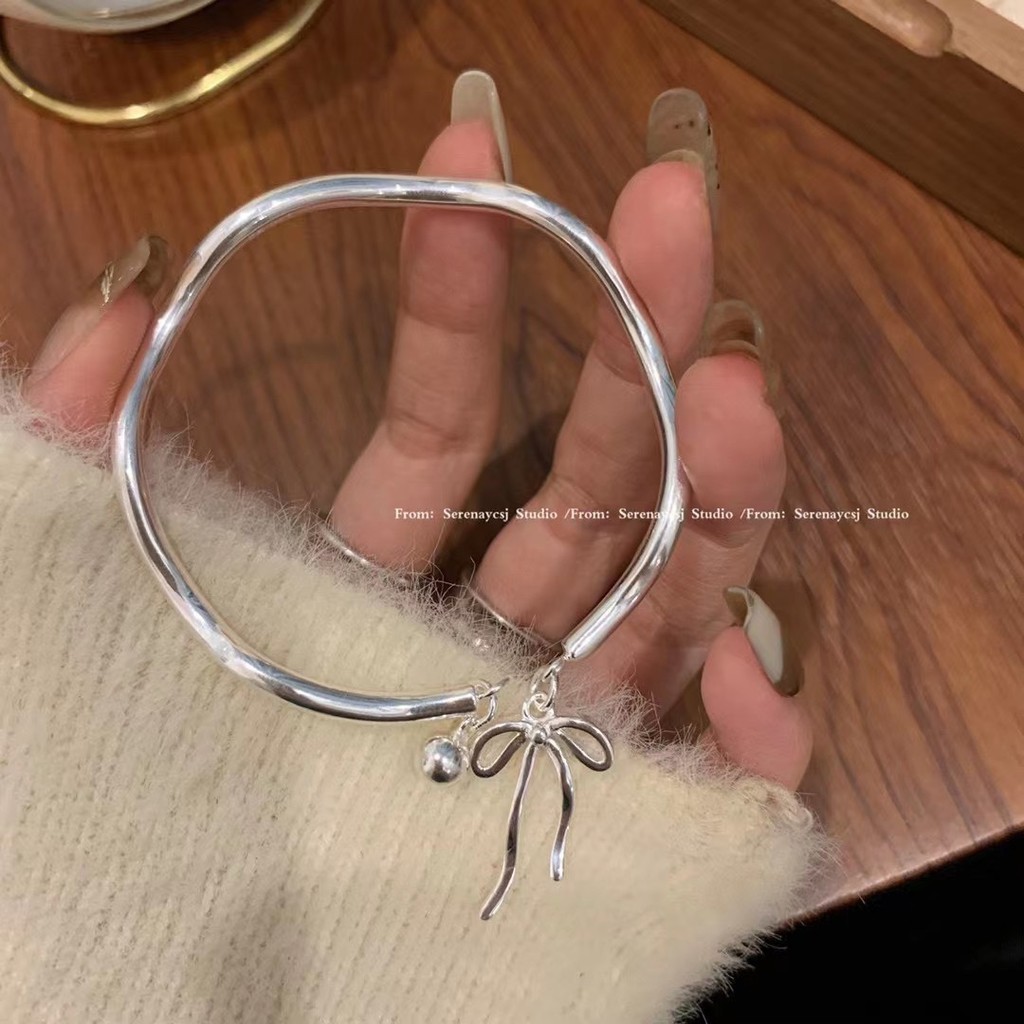 17km thanh lịch chuông nhỏ gắn nơ Bangle sóng bạc mở điều chỉnh Vòng Tay Nữ phụ kiện trang sức