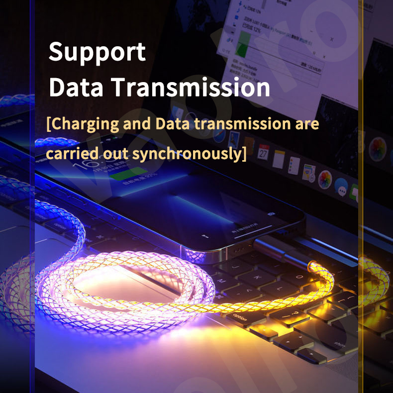 DISOUR NEW 20W Fast Charging Cable RGB Type-C Micro Lightning Flow Luminous Data Cable USB C Micro-USB Ios Fast Charging for i Phone Xiaomi Samsung Huawei Oppo Vivo