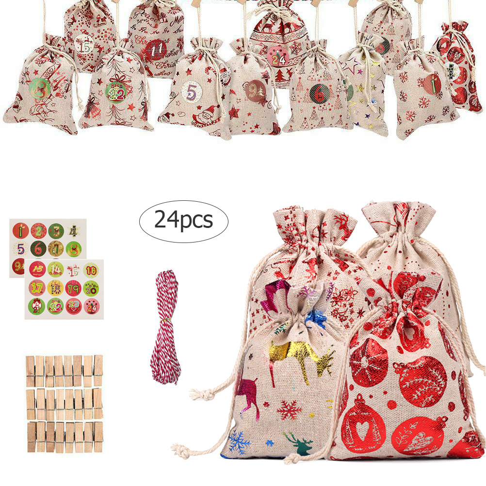 DIY Christmas Advent Calendar Hanging Bag 24 Days Burlap Hanging Advent Calendars Garland Candy Gift Bags for Wall Home Office