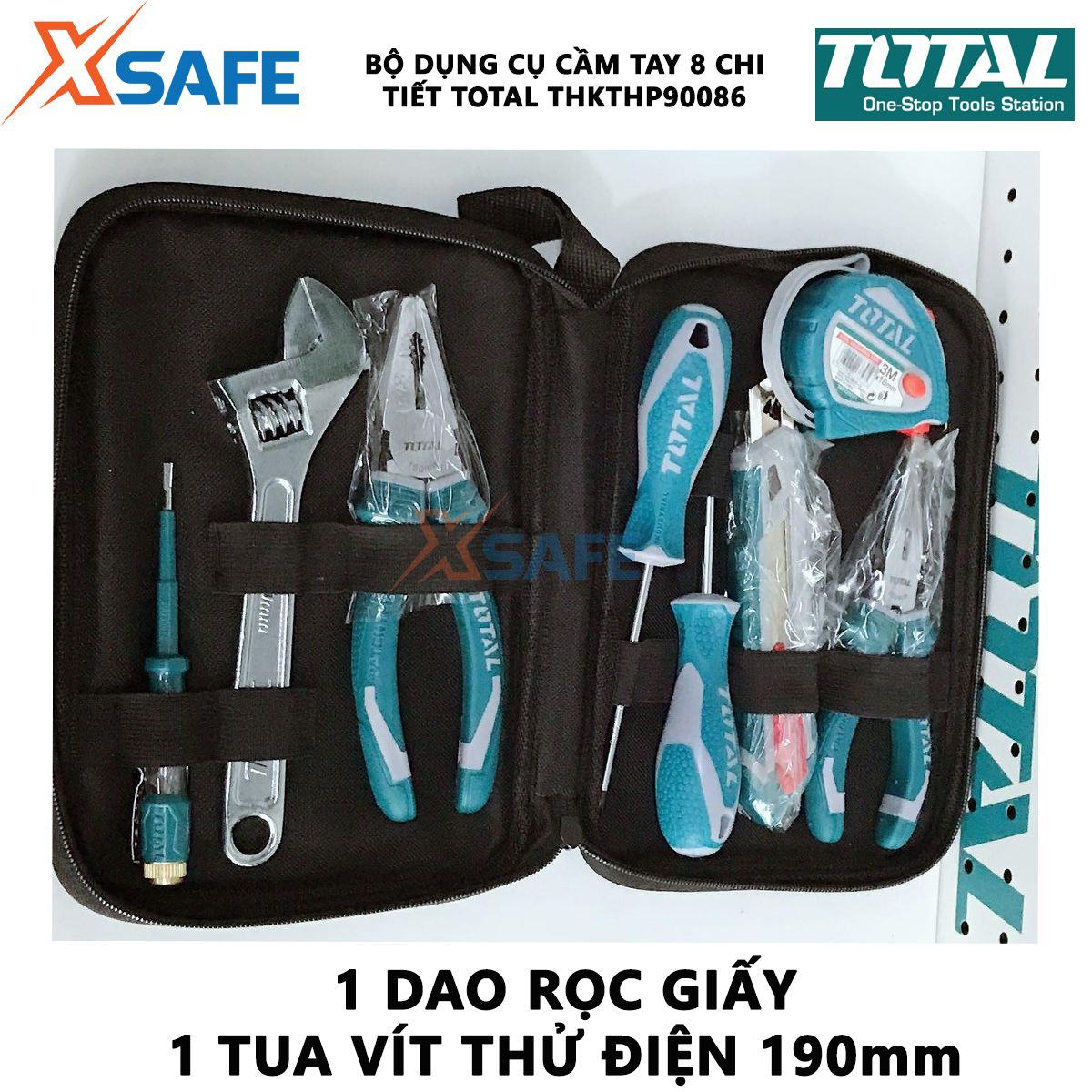 Bộ đồ nghề cầm tay 8 chi tiết TOTAL THKTHP90086 | bộ 8 dụng cụ cầm tay gồm thước cuộn, tua vít, mỏ lết