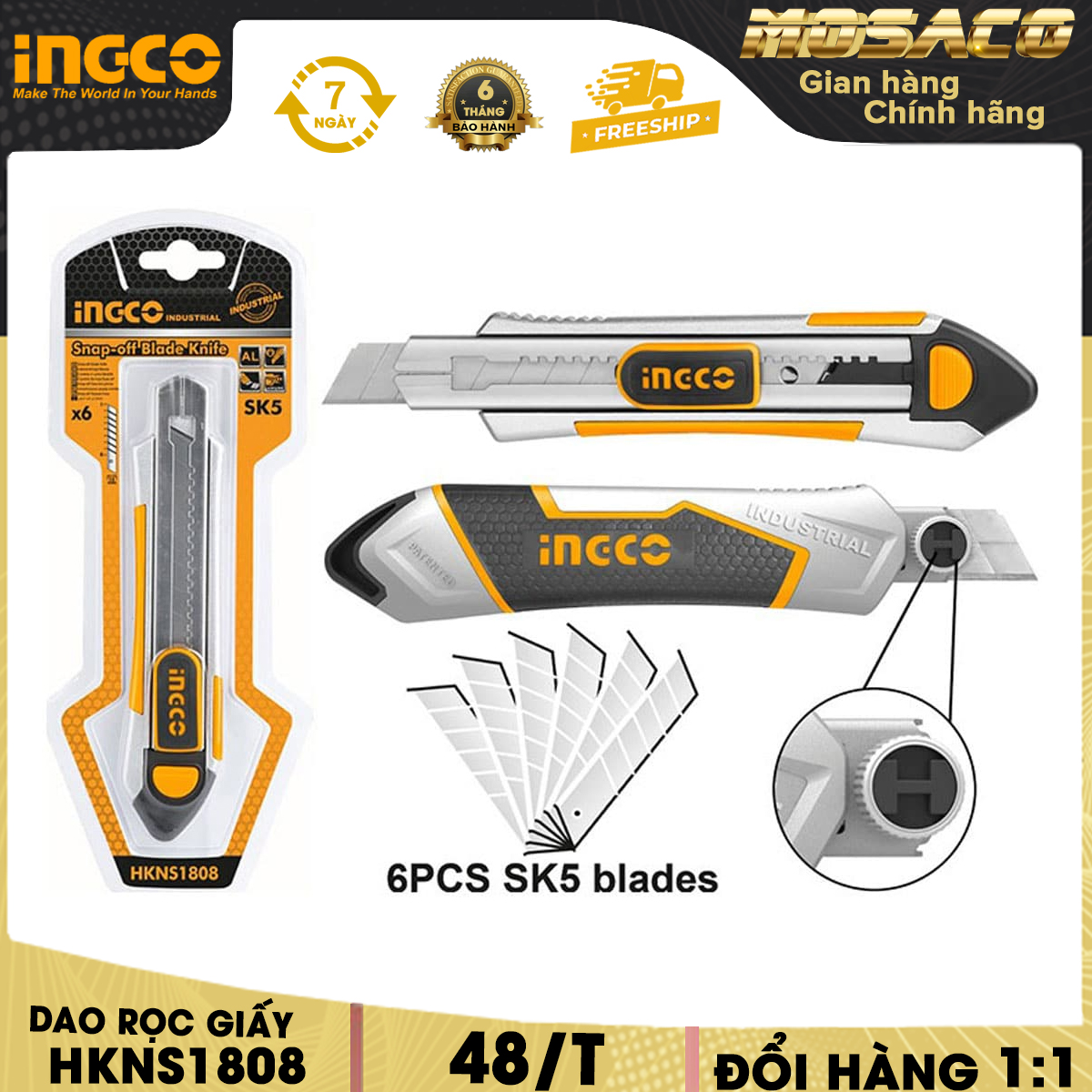 Dao rọc giấy INGCO HKNS1808 kèm 6 lưỡi SK5. Dao rọc giấy mini kích thước lưỡi 100mm x18mm , vỏ bằng hợp kim nhôm nút nhấn phẳng khoá lưỡi buloong tuổi thọ cao bảo hành 6 tháng- MOSACO