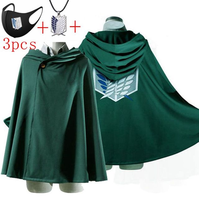Anime Attack on Titan Levi Ackerman The Scouting Legion Wings of Liberty Cosplay Green Black Cloak Necklace Props Hooded Cape