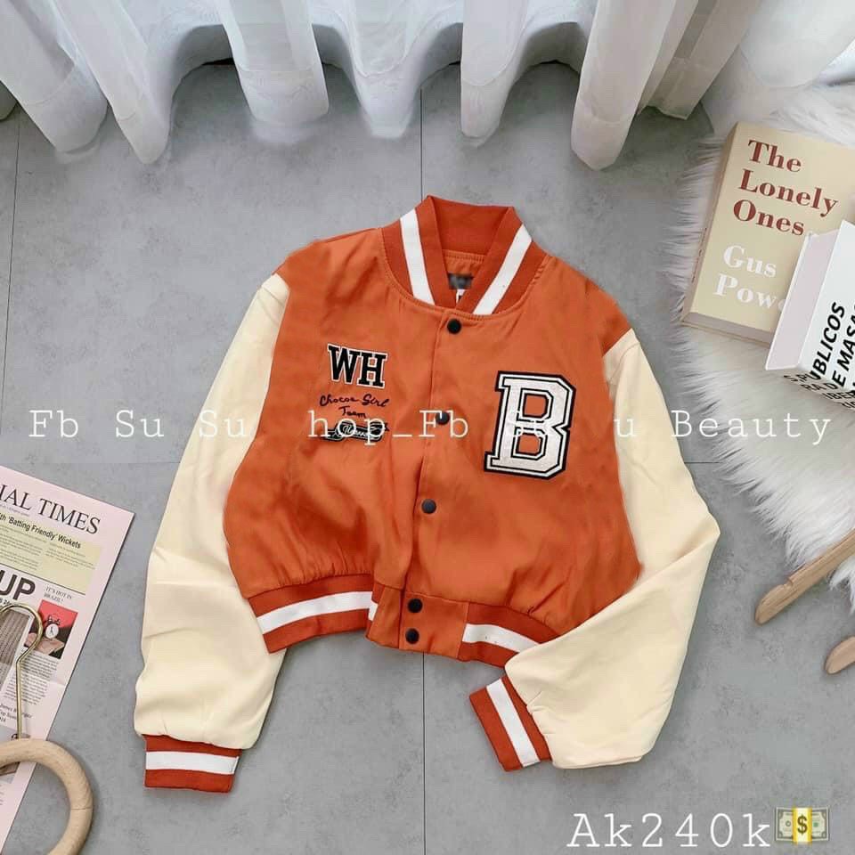 0áo khoác bomber croptop vải nỉ nữ, from lững, áo khoác bomber bóng chày croptop nữ chữ b