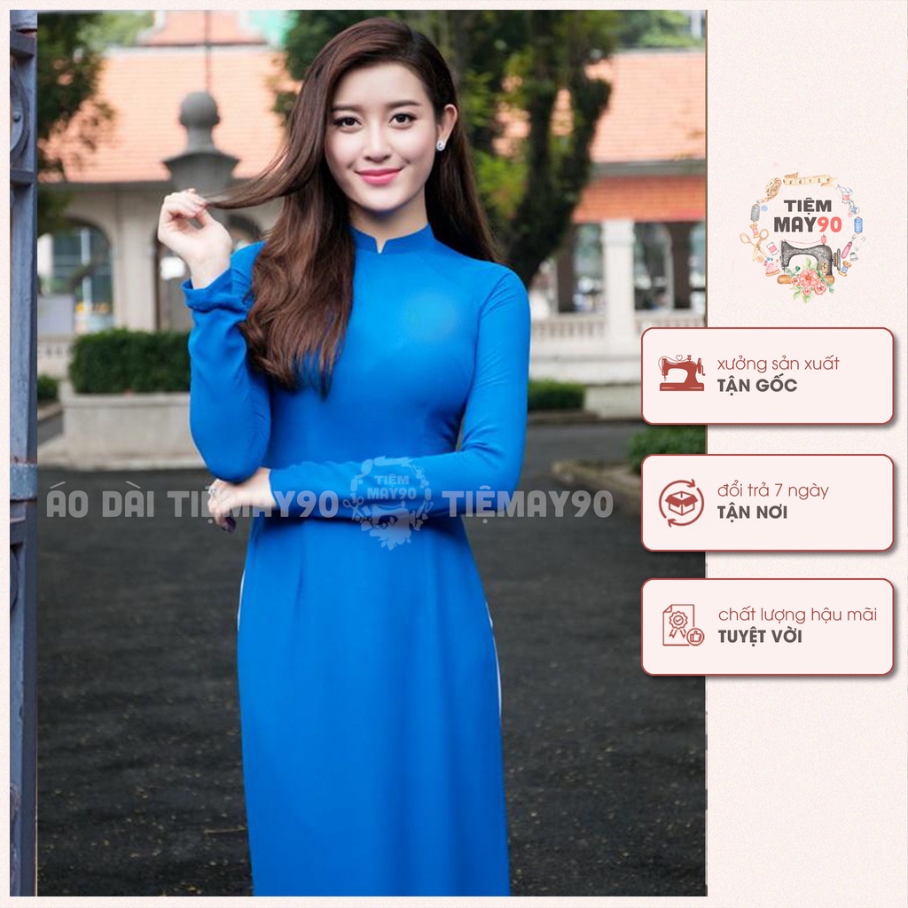 Áo dài xanh thiên thanh niên truyền thống Chaang may sẵn vải áo dài Lụa co giãn đoàn viên mặc lễ hội nghị đẹp AD90160