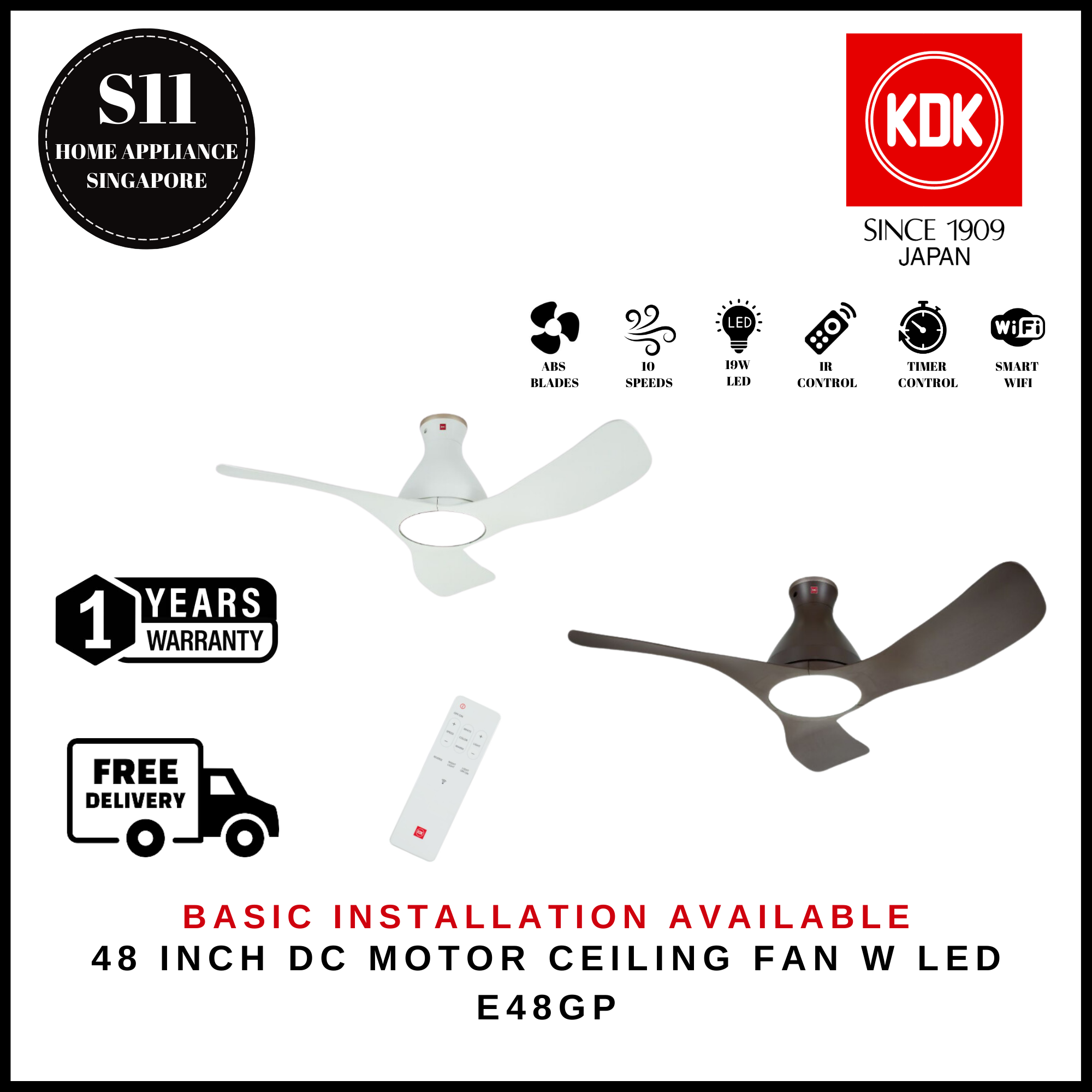 KDK E48GP 48 INCH WiFi DC Motor CEILING FAN WITH LED MATTE WHITE