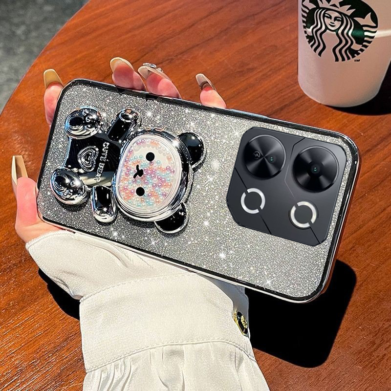 New Phone case itel P55 P70 P65 Back cover with Gradient 3D Bear Folding Stand Bracket Luxury Slim 6D Plating Glitter Girls for itel P70 P55 P65 case. 