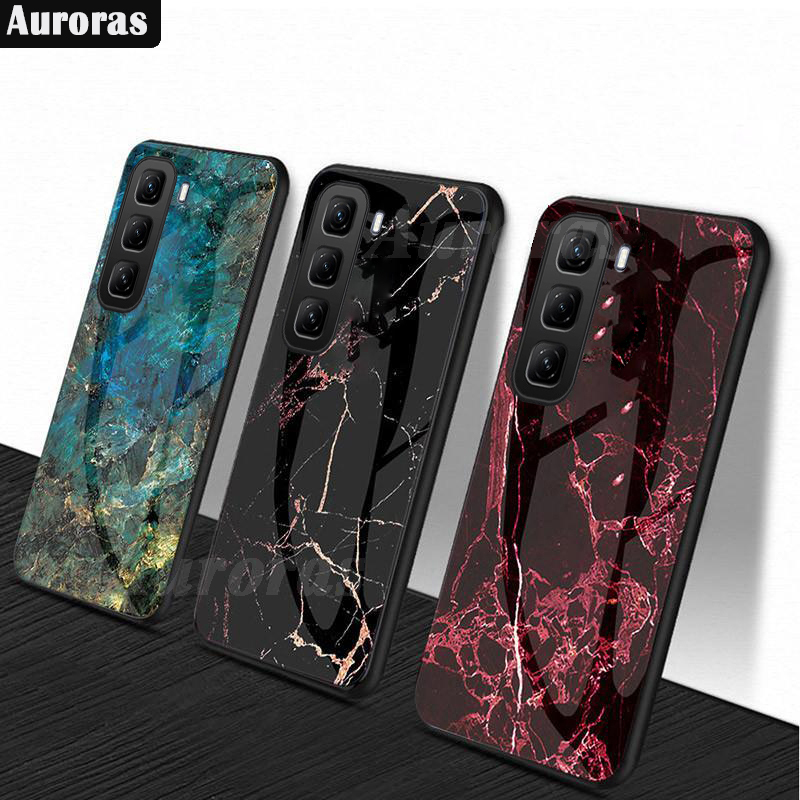 For infinix Hot 50 50 Pro+ Phone Case Fashion Marble Pattern Phone Case Tempered Glass Protected Soft Silicone Bumper for infinix Hot 50 Pro Plus Cover Casing HP.