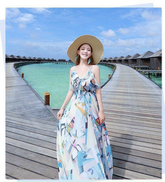 đầm maxi 2 dây hoa