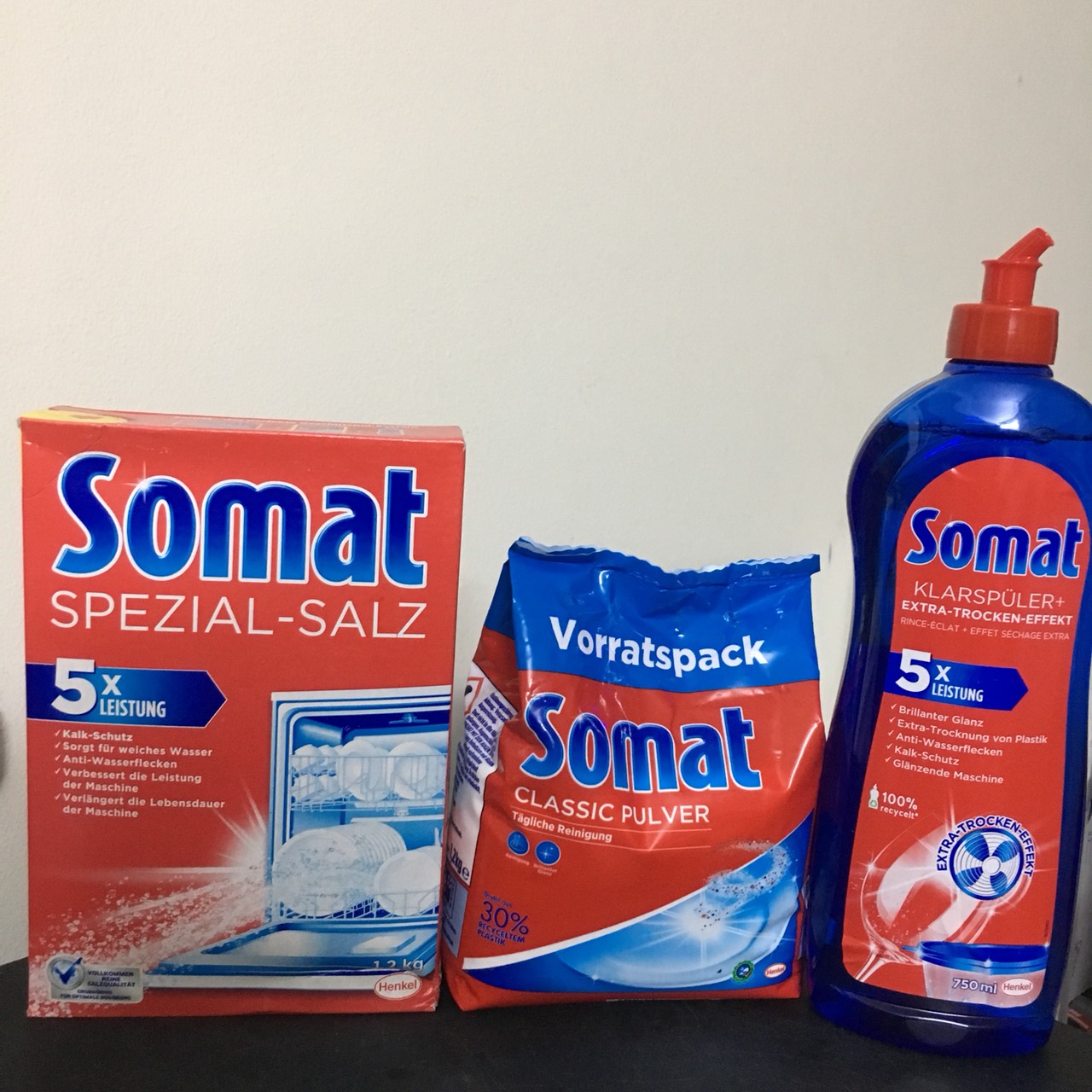Bộ 3 SP bột rửa bát somat nuớc làm bóng Somat 750ml và hộp muối somat 1.2 kg chuyên dùng cho máy