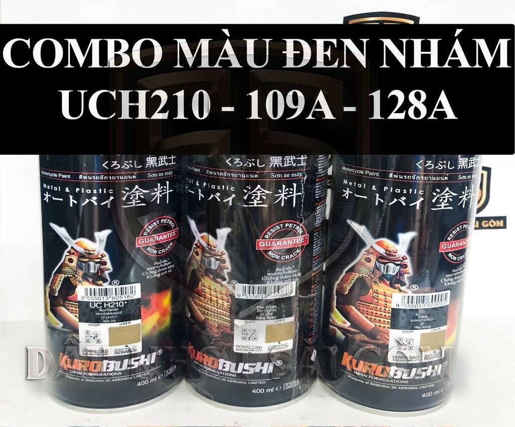 Combo sơn đen nhám samurai - sơn lóp UCH210, sơn đen nhám 109A, bóng mờ 128A