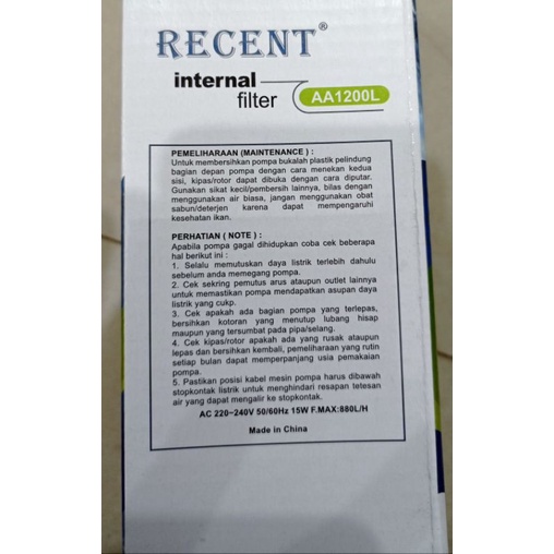 Pompa AQUARIUM INTERNAL Filter RECENT AA 1200L
