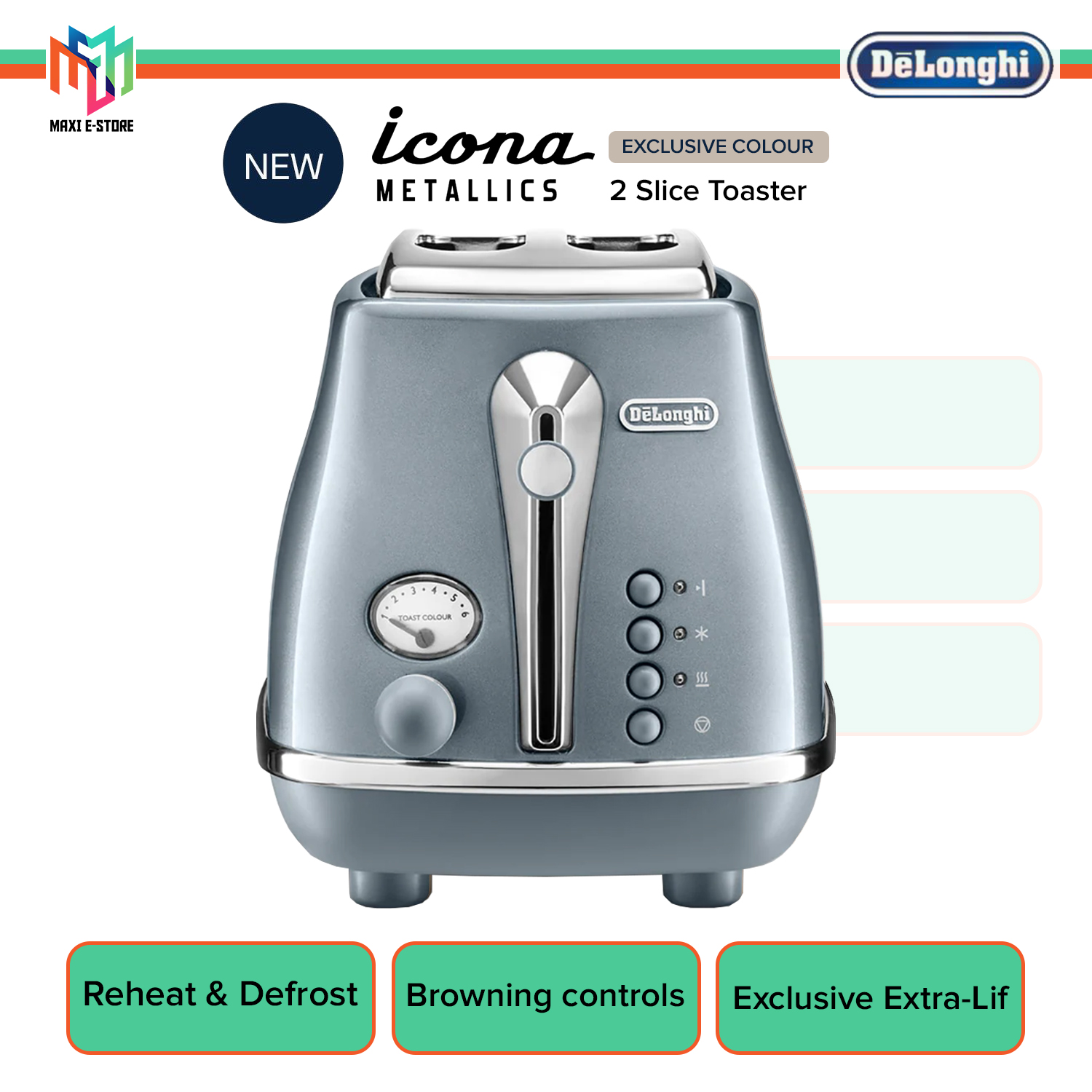 DeLonghi CTOT2003 Icona Metallics Toaster 2 Slices 900W CTOT2003.AZ