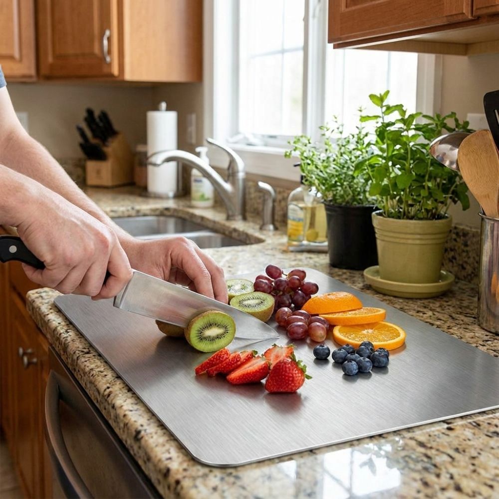 Double-Sided Stainless Steel Cutting Board Thickened Mildew-Proof Fruit Cutting Board Multi-functional Chopping Tray Household Use.