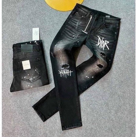 Quần jean nam dài xanh rách gối thêu chữ đẹp nhiều mẫuchất jean dày dặn kiểu dáng trẻ trung giá tốt KAYSTORE