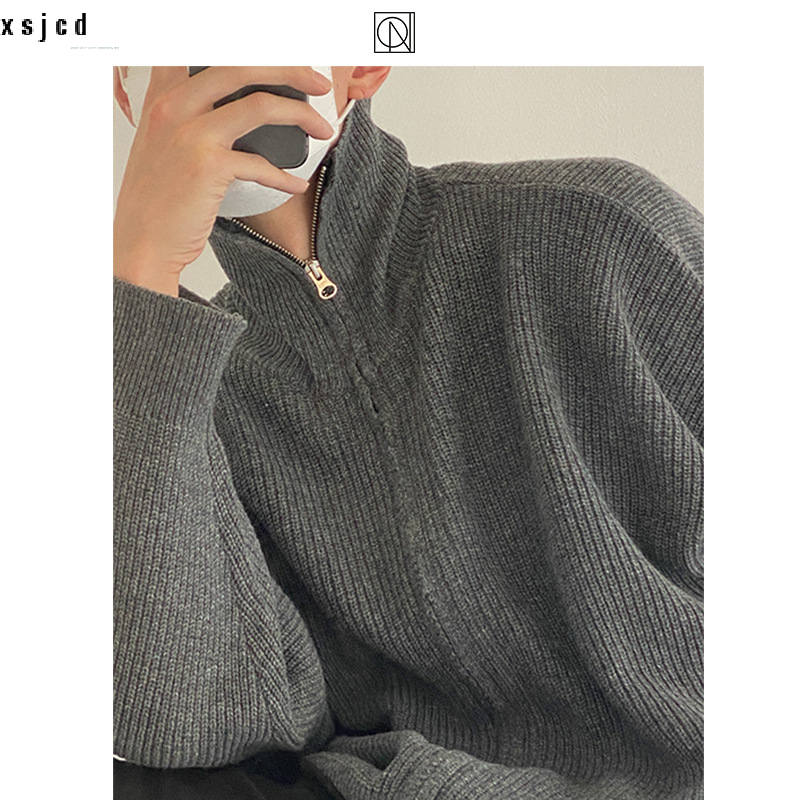 xsjcd Cardigan sweater jacket men's autumn and winter Hong Kong style solid color sweater trendy design casual stand-up540_voghion.com