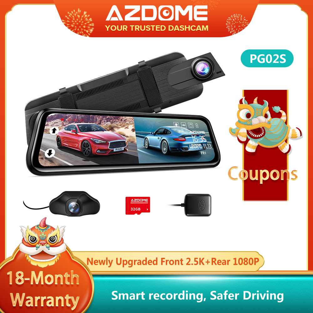 Free 64G SD card】AZDOME PG02S 10 Inch Mirror Dashcam Streaming Media  Full-Screen Touching Dual Lens Night Vision 1440P Front and Rear 1080P  BackUp Reversal Dash Camera for Car DVR RearView Mirror Camera