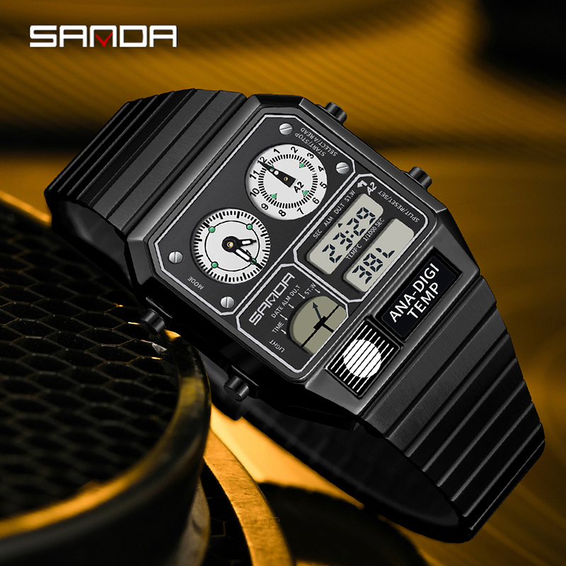 Sanda Retro Trendy Punk Dual Display Luminous Waterproof Electronic Quartz Men's Watch SD3192-3.