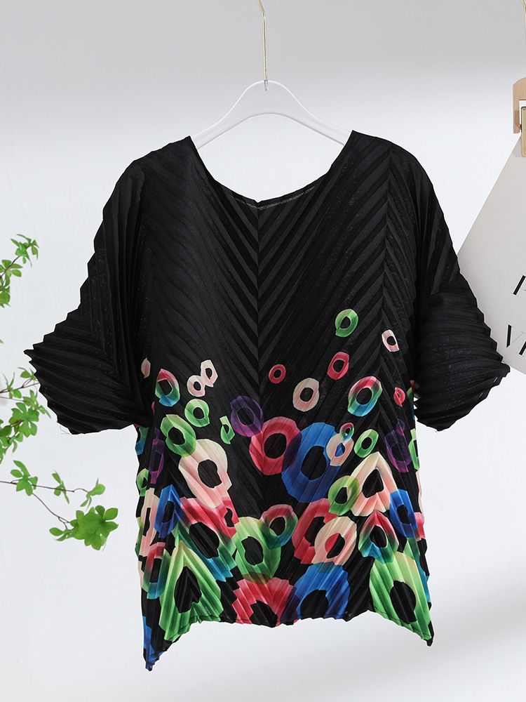 Ngắn tay hàng đầu phong cách lỏng cỡ lỡn cổ tròn áo thun Handmade xếp li in thoải mái Áo phông xếp li # rs20230319
