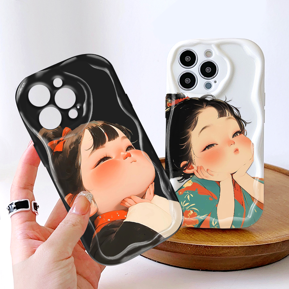 Hotinga for Redmi Note 14 Note 14 Pro Note 14 Pro Plus 5G Xiaomi Poco X7 5G Back Back Cover Cute Lovely Girl Cream Texture Wavy Edge Soft Phone Case. 