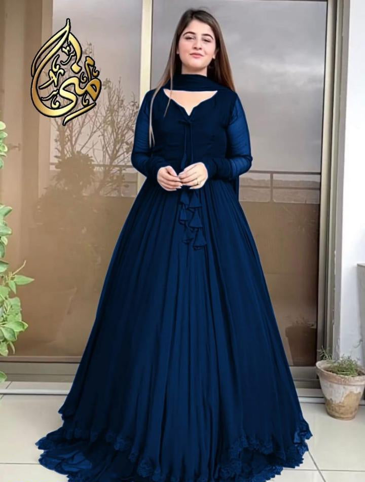 Stithced Stylish Long Frock for Women with Fancy Flair 3-Piece(Maxi+Trouser+Dupatta) - Party Wear Frocks for Women| Eid Collection For Women and Girls|Wedding Wear Dress For Girls (Top Trending Dress By Firangi). 
