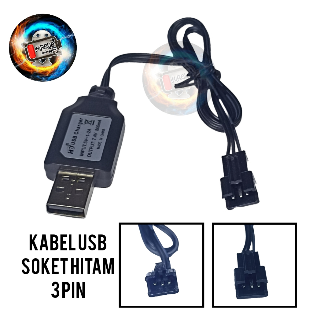 Kabel Cas Baterai Mobil RC Model USB Soket Hitam 3Pin Panjang 50cm