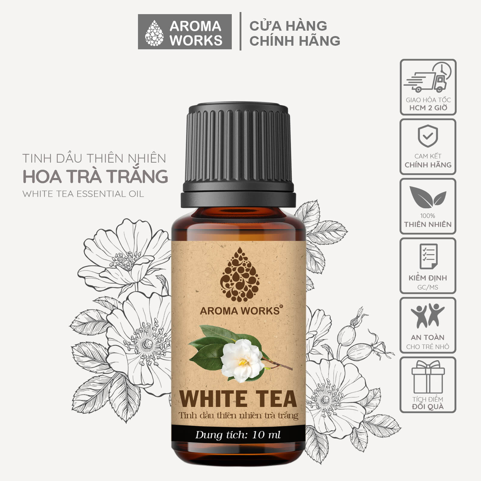 Tinh dầu hoa trà trắng thiên nhiên thơm phòng, khử mùi, làm nến thơm aroma works white tea