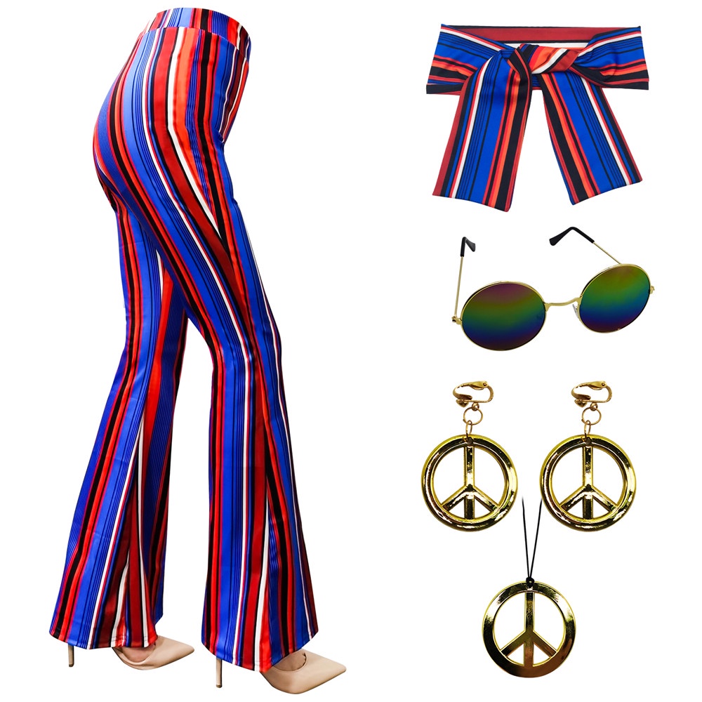70s 80s Women Hippie Costume Set Bell Bottom Flared Pant for christmas  party Halloween Cosplay