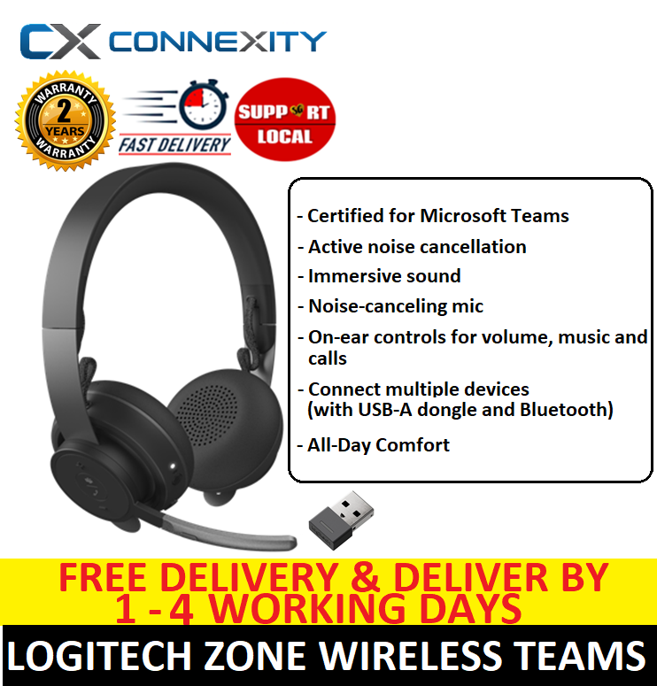 Logitech Zone Wireless Headset L Certified For Microsoft Teams L Noise Cancelling Headset With Microphone L Logitech Zone Wireless L Logitech Headset With Mic L Logitech Noise Cancelling Headset L Logitech Wireless