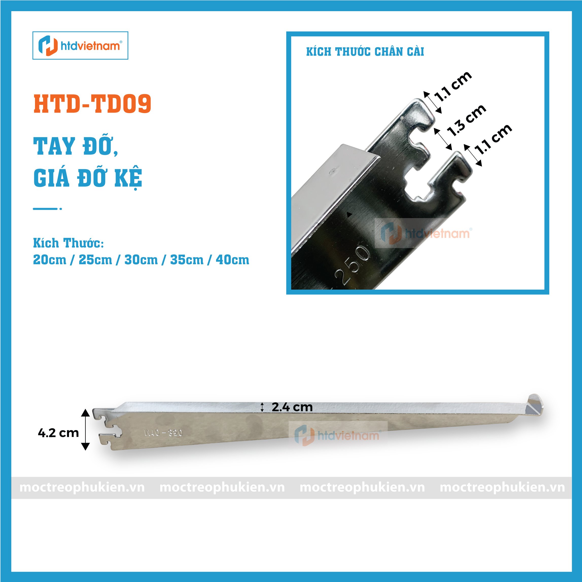 Tay đỡ kệ kính cài thanh ray HTD-TD09