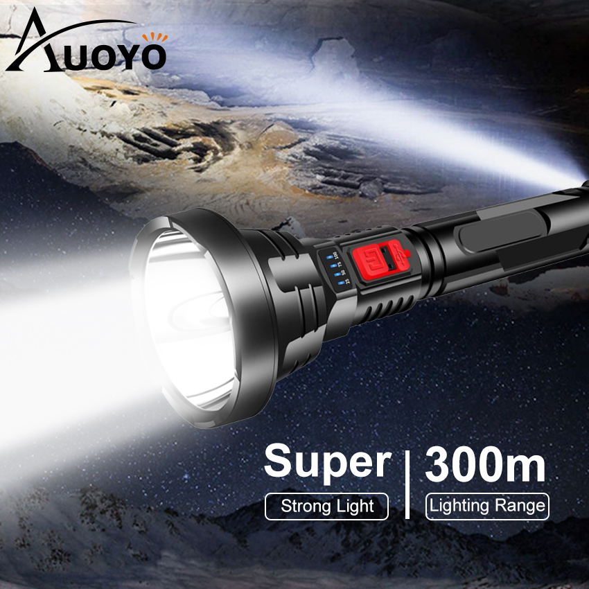Auoyo Outdoor Flashlights Emergency Electric Torch Light Portable Lamp Light Camping Hiking Work Lights Flashlight Bright Searchlight Spotlight 300M Distance USB Rechargeable Flashlight