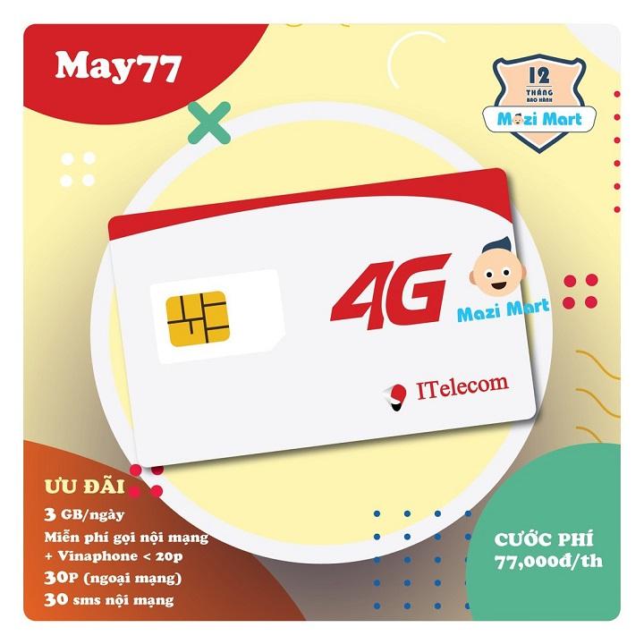( NHANH TAY KẺO LỠ) Sim Itelecom V77 gọi ngoại mạng chỉ 690đ/ phút, miễn phí 3GB/ ngày, gọi nội mạng free