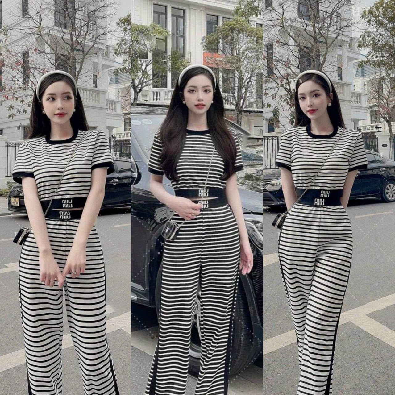 Set đồ bộ áo thun croptop kẻ sọc tay ngắn phối quần dài ống rộng kẻ sọc siêu cưng , hot , đi chơi cực xinh db8021