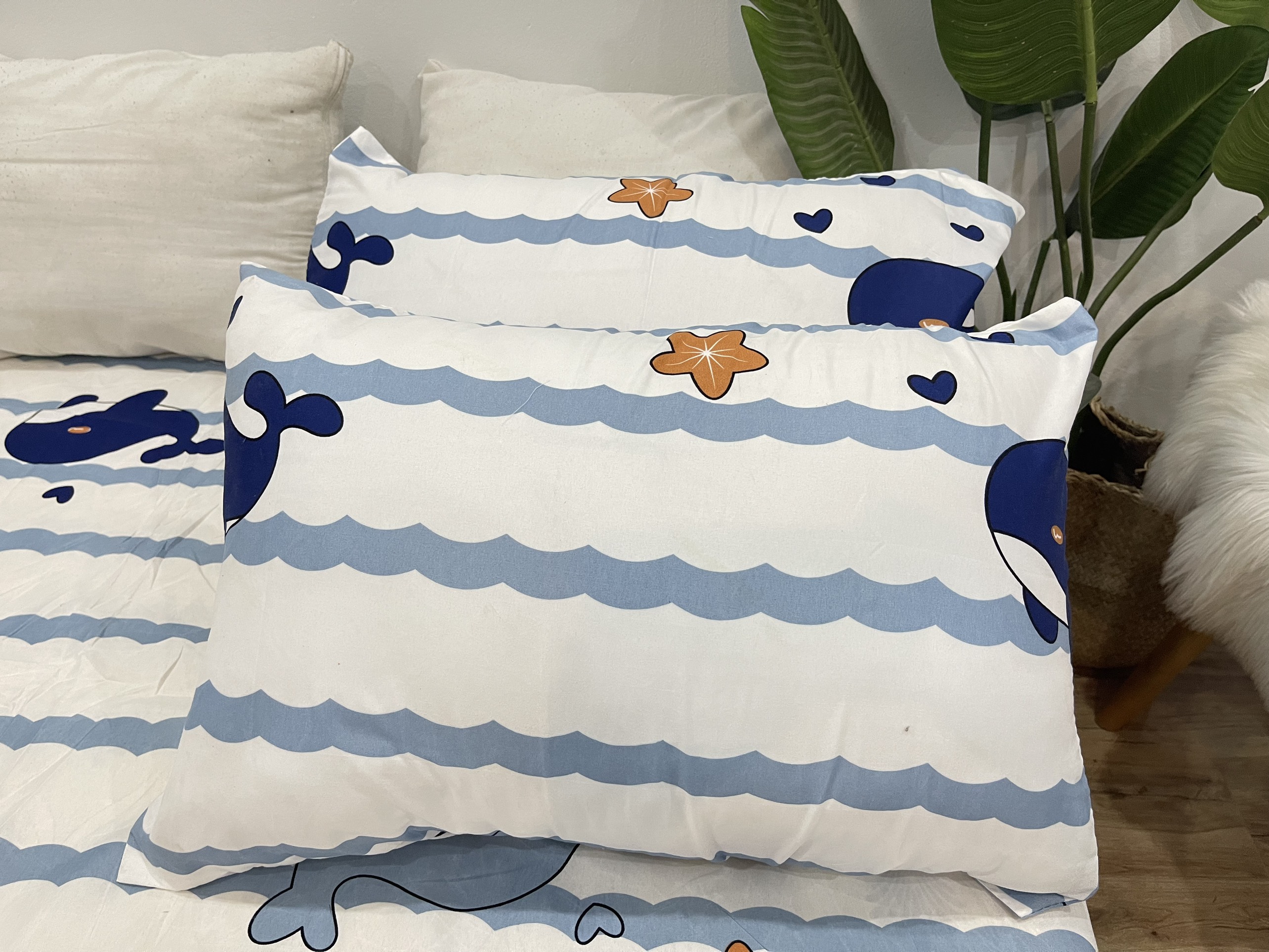 Set Ga Gối Mẫu Cá Heo Kẻ Xanh P67 ( Gồm 1 ga bo chun, 2 vỏ gối nằm, 1 vỏ ôm )