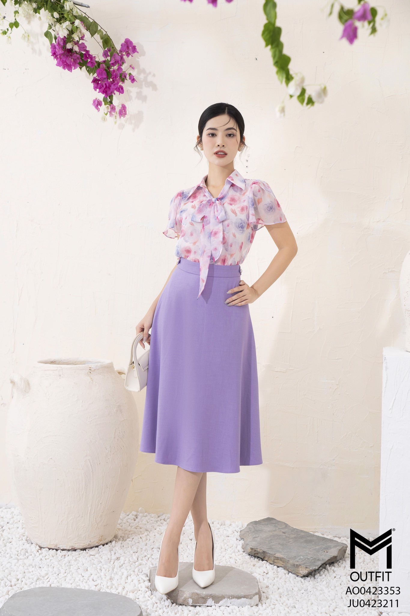 Áo sơ mi cộc tay, cổ đức buộc nơ - Mmoutfit