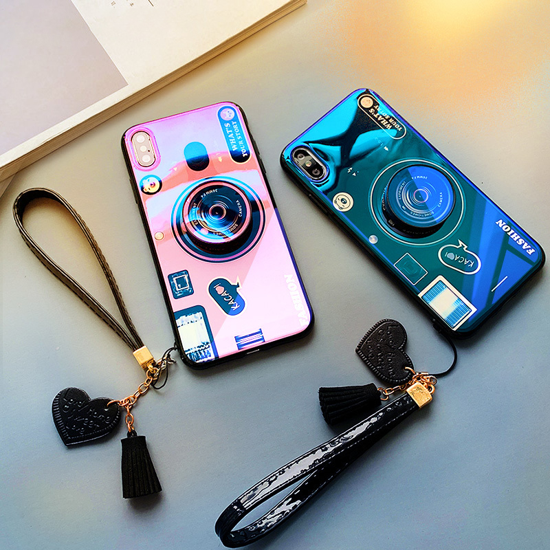 Gloden tree For Huawei Nova 8i Lite Case Camera Pattern + Stand + Beautiful Tassel Hand Strap Protective Back Cover Couple Cases