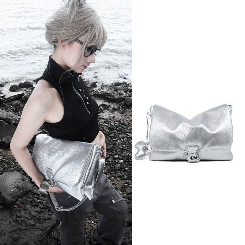 C&K Women's shoulder bag new silver crossbody bag PU high-end large-capacity tote bag messenger bag