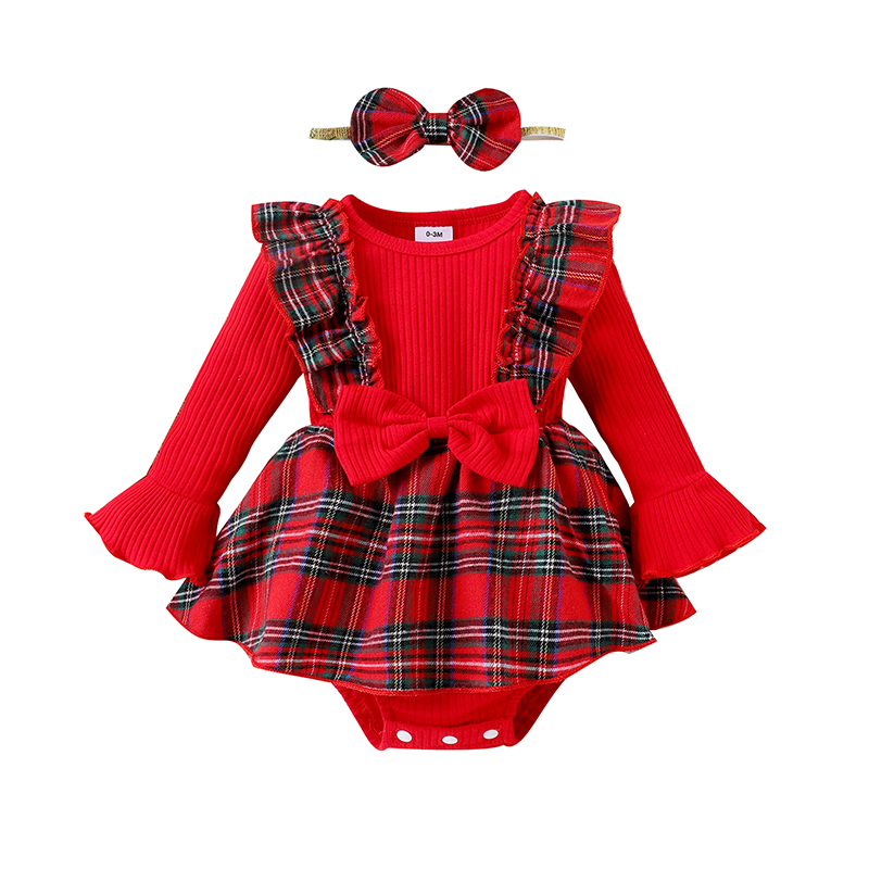 Baby Girls Long Sleeve Rompers Infant Ribbed Plaid Round Neck Bodysuit Headband Newborn Jumpsuits for Winter