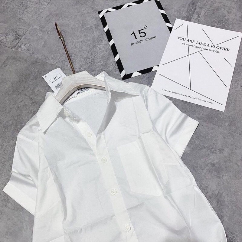 Áo sơ mi nữ,áo sơ mi cộc tay xắn cổ bẻ có túi cá tính màu trắng